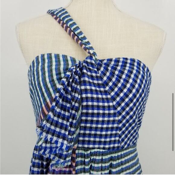 Anthropologie Maeve Waverly blue white plaid gingham one shoulder dress size 6 - Picture 4 of 14